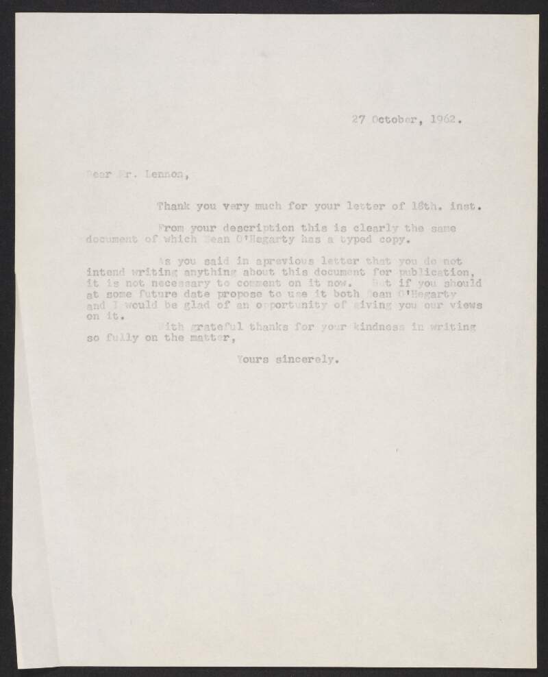 Copy letter by Florence O'Donoghue to Michael J. Lennon regarding a document by P.S. O'Hegarty,