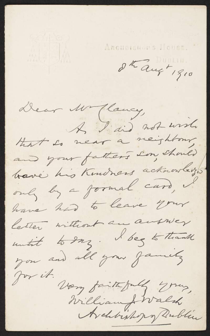 Letter from William J. Walsh, Archbishop of Dublin, to J. J. Clancy,