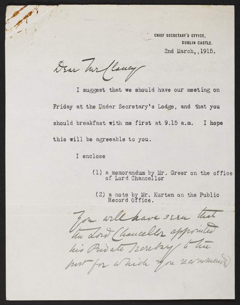 Letter from Matthew Nathan, Under Secretary for Ireland, to J.J. Clancy, suggesting a meeting at the Under Secretary's Lodge and breakfast first,