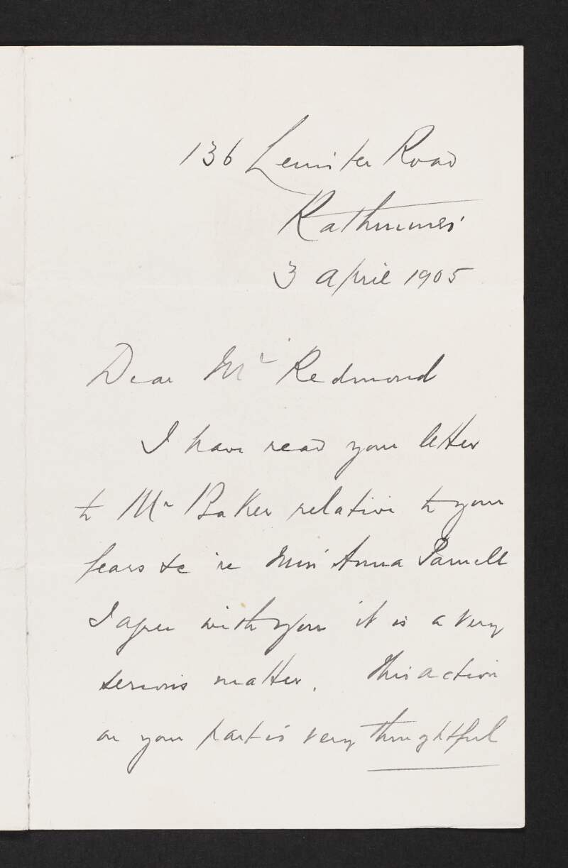 Letter from Daniel Tallon to John Redmond regarding sending money to Anna Parnell,