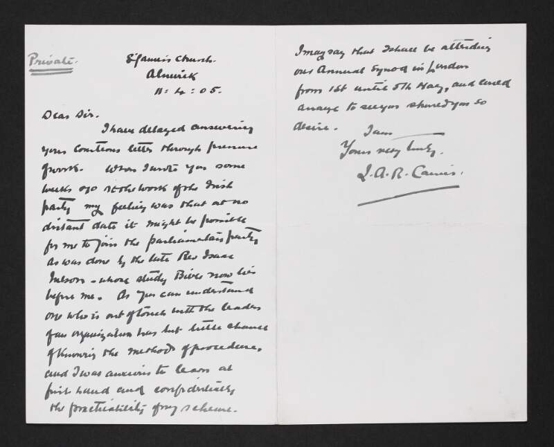 Letter from unidentified person to [John Redmond] regarding joining the Irish Parliamentary Party,