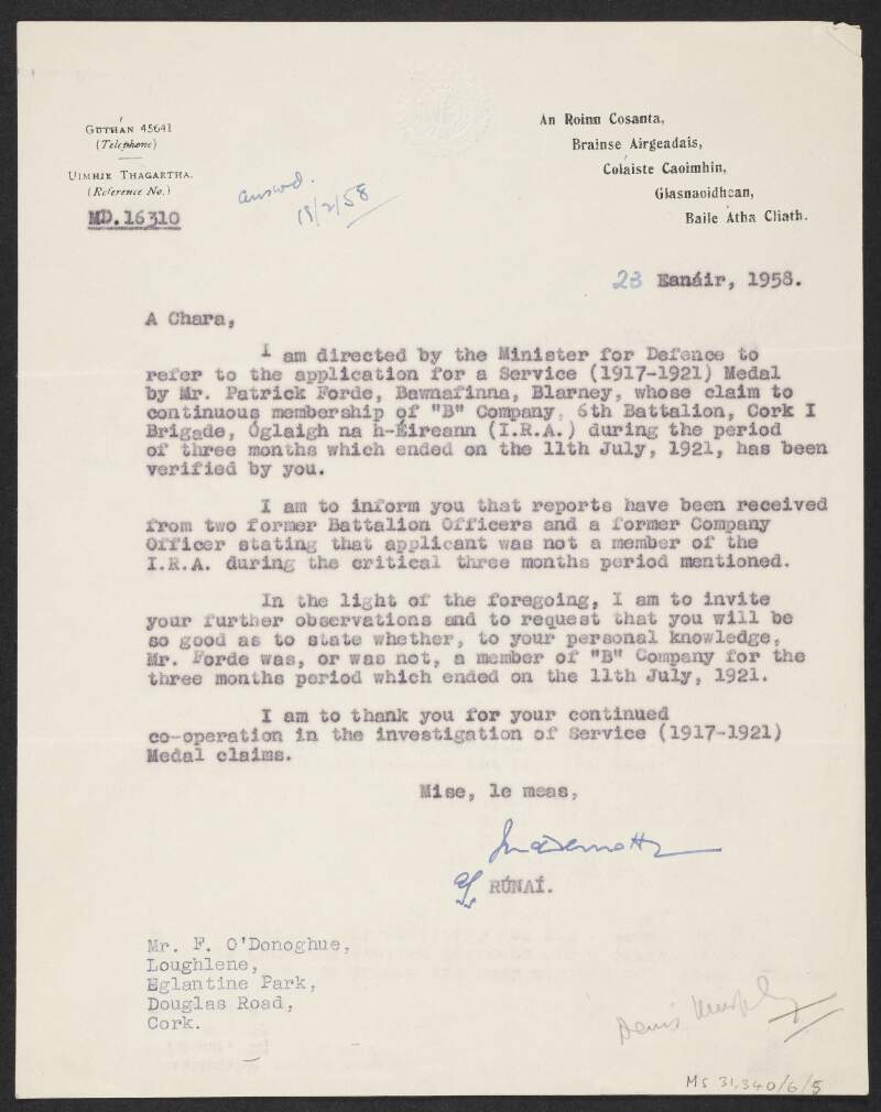 Letter from the Department of Defence to Florence O'Donoghue regarding contrary reports that Patrick Forde was a member of the Cork Brigade of the Irish Republican Army during the Irish War of Independence,