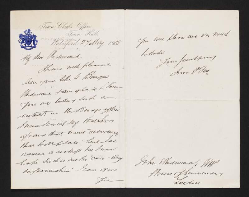 Letter from J. J. Feely, Waterford Town Clerk's Office, to John Redmond referring to the "bridge affair",