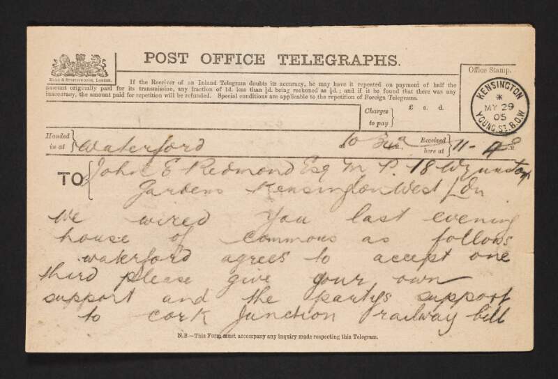 Telegram from J. J. Feely to John Redmond regarding the Cork Junction Railway Bill,