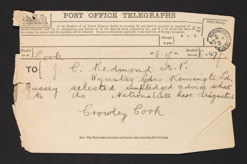 Telegram from unidentified person to John Redmond regarding the selection of "Gussey",