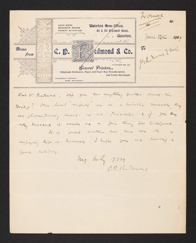 Letter from Cornelius P. Redmond to John Redmond regarding the Waterford bridge,