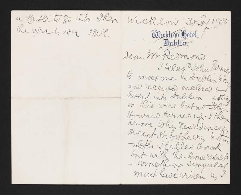 Letter from unidentified person to John Redmond referring to a meeting in Dublin,