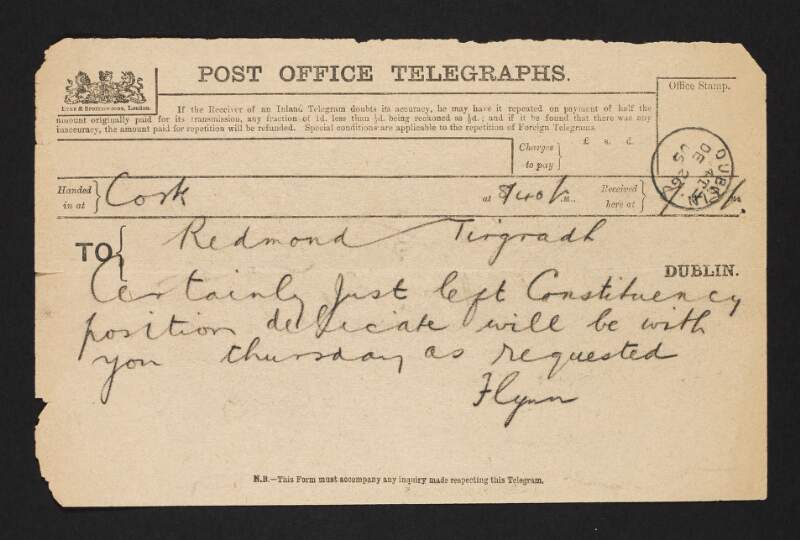 Telegram from unidentified person to John Redmond referring to a constituency position,