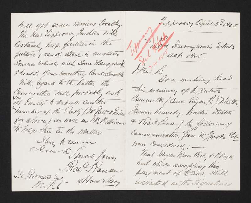 Letter from Richard Ronan to John Redmond regarding Lord Barrymore's Estate Act, 1905,