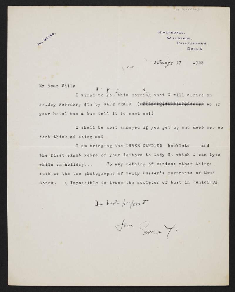 Letter from George Yeats, Riversdale, Willbrook, Rathfarnham, Dublin, to W. B. Yeats,