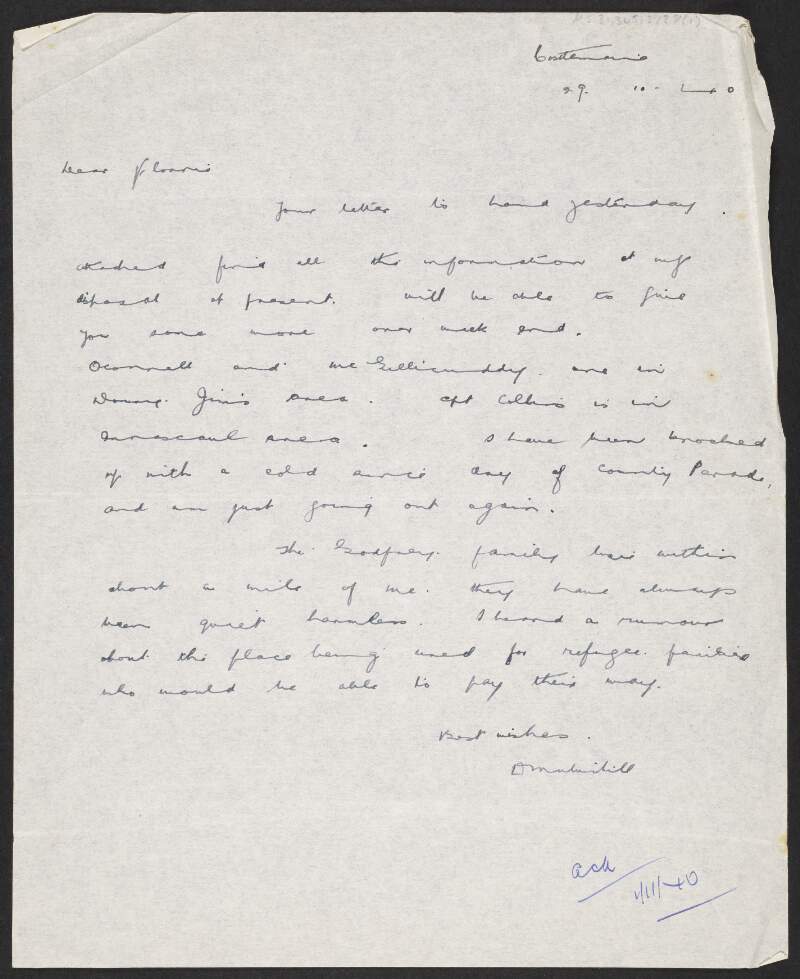 Letter from Daniel Mulvihill, Castlemaine, co. Kerry, to Florence O'Donoghue regarding the location and movements of named individuals, including a Captain Collins, a Maurice O'Connell and an A. J. McGillicuddy,