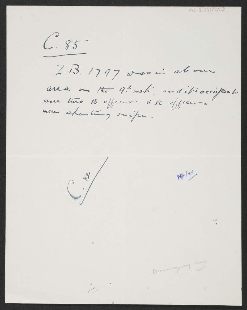 Note from "C82" stating that a car with two British officers or ex-officers were in the area of "C85",