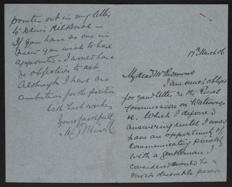 Letter from M. J. Minch, Athy, Co. Kildare, Ireland, to John Redmond, regarding the Royal Commission on Waterways, and public works to the Grand Canal,