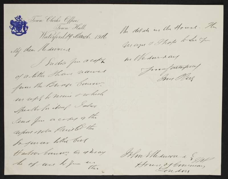 Letter from J. J. Feely, Town Hall, Co. Waterford, Ireland, to John Redmond, enclosing a copy of a letter from J. G. Strangman, Secretary, Waterford Bridge Commissioners, with a structural report on the Waterford toll bridge by James Price,