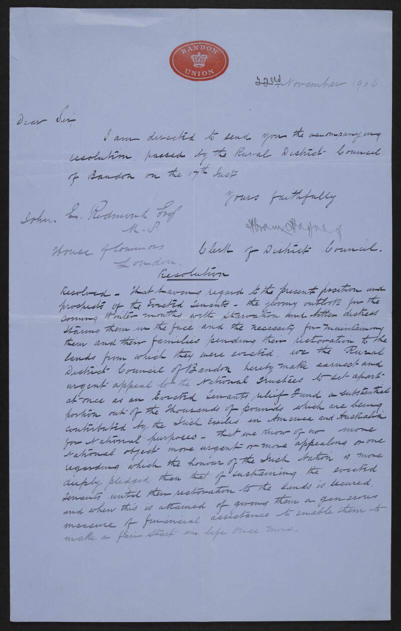 Copy resolution sent by Abram Haynes, on behalf of the Bandon Union, Co. Cork, Ireland, to John Redmond, regarding the prospects of evicted tenants and allocation of relief funds,