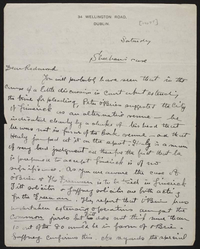 Letter from George McSweeny, Wellington Road, Dublin, Ireland, to John Redmond, regarding the Sheehan Case, and the case of 'O'Brien v The Freeman',