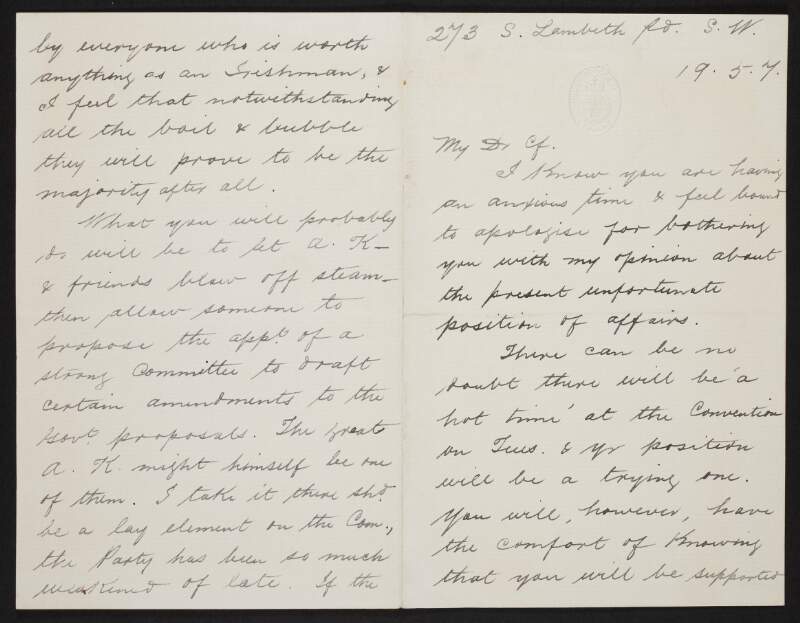 Letter from Joseph Nolan, Southwark, London, England, to John Redmond, referring to the "hot time" he expects at the Irish National Convention. Nolan suggests that Redmond propose the appointment of a committee to draft amendments to the Irish Council Bill,