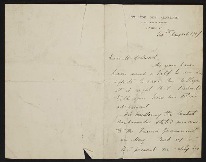 Letter from Patrick Boyle, Collège Des Irlandais, Rue des Irlandais, Paris, France, to John Redmond, on the efforts to save the Collège des Irlandais,