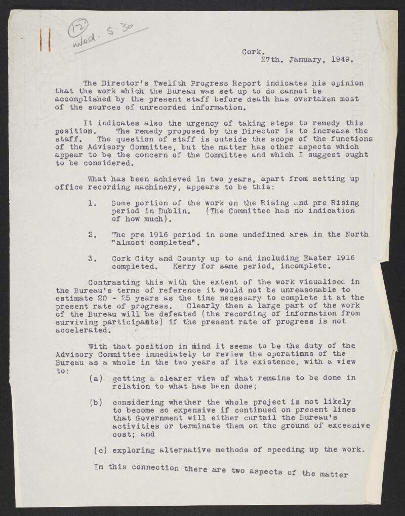 Memorandum by Florence O'Donoghue on the 12th Progress Report of the Director of the Bureau of Military History,