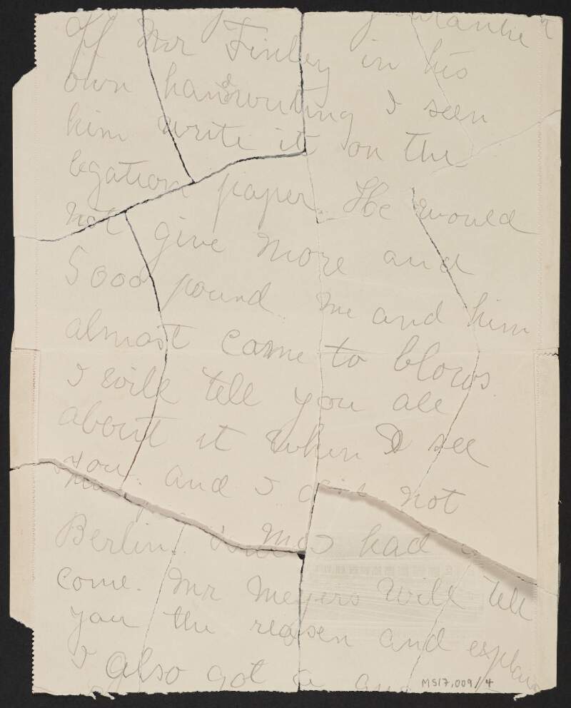 Partial note from Adler Christensen, Berlin, to Roger Casement regarding Mansfeldt Findlay's attempt to bribe Christensen if he turned in Casement to the British authorities,