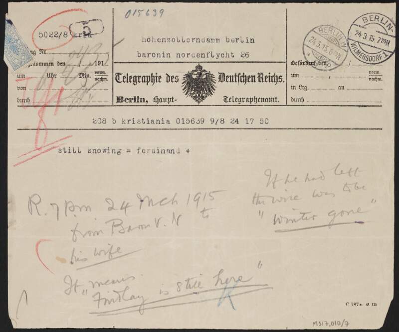 Telegram from Adler Christensen to Roger Casement, Berlin, Germany, inscribed with code "still snowing" meaning "Findlay is still here", referring to Mansfeldt Findlay,