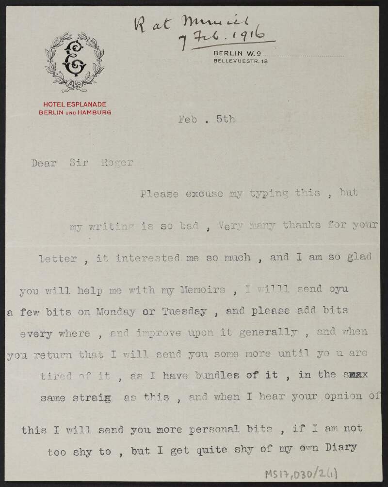 Letter from Evelyn Blücher, Berlin, Germany, to Roger Casement regarding a memior she is writing and a note requesting Casement return her diary swiftly,