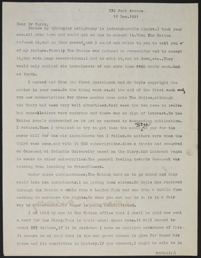 Letter from William Maloney to Dr. Charles Curry regarding attempts to publish a manuscript and diary belonging to Roger Casement, in 'The Nation',
