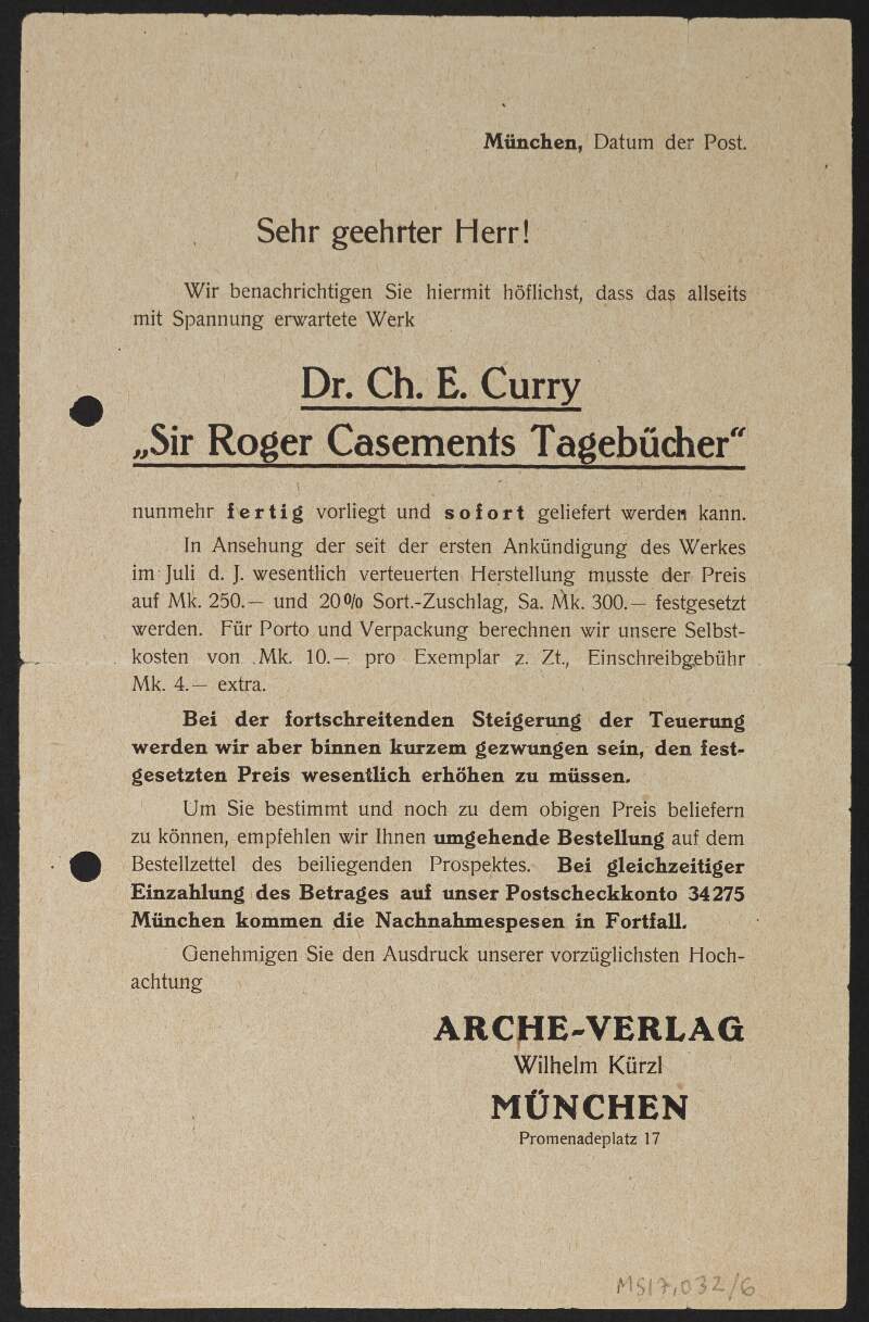 Notice from Wilhelm Kurzl, Arche Publishing House, Munich, Germany, regarding the publication of a book by Dr. Charles Curry titled 'Sir Roger Casement's Diary',