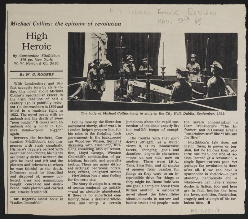 Newspaper cutting from the 'New York Times' with a book review by W.G. Rogers on the novel 'High Heroic' by Constantine Fitzgibbon which is about the life of Michael Collins,