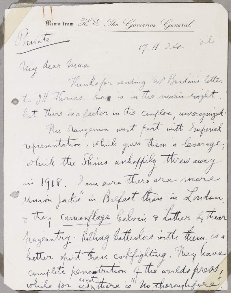 Letter from T. M. Healy to Sir Max Aitken regarding conflict between the North of Ireland and the Irish Free State and regarding Anglo-Irish relations,