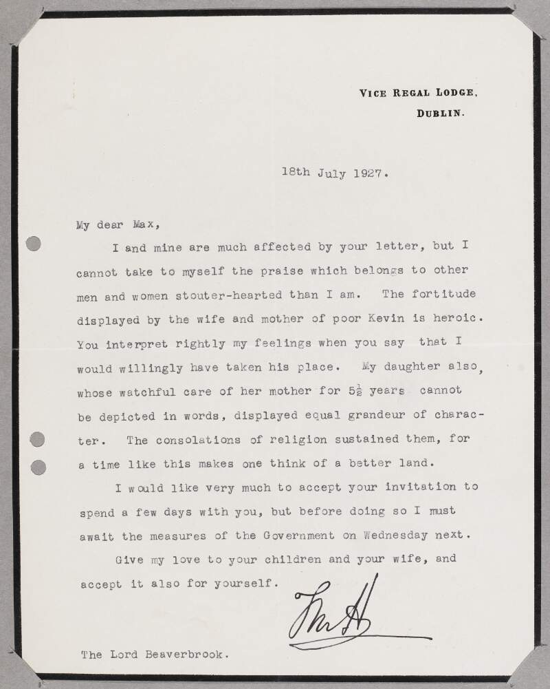 Letter from T. M. Healy, Vice Regal Lodge, Dublin, to Sir Max Aitken regarding the death of an unidentified person,