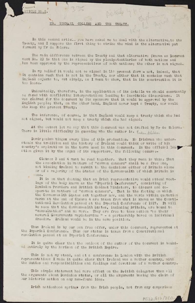 Article "Mr. Michael Collins and the Treaty" by Michael Collins explaining why he signed the Treaty, with references to Éamon De Valera's alternative proposal "Document No. 2",