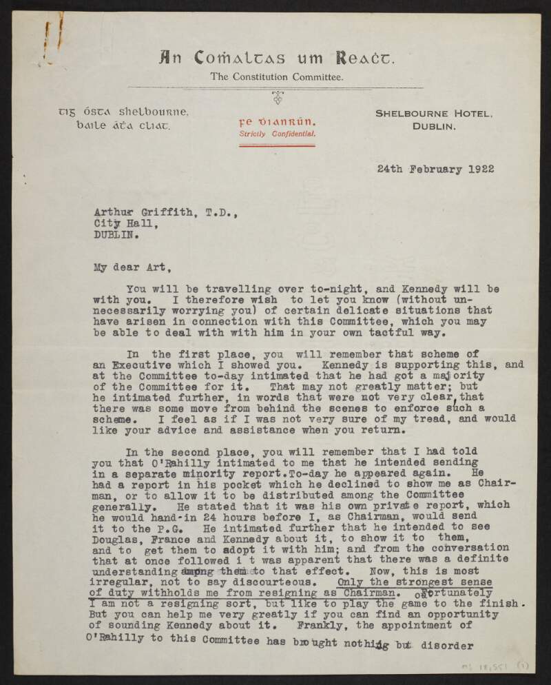 Letter from Darrell Figgis, chairman of the Constitution Committee, to Arthur Griffith regarding scheme for an Executive, and mentioning objections by Alfred O'Rahilly,
