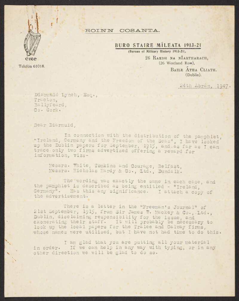 Typescript letter from Florence O'Donoghue, Bureau of Military History, 26 Westland Row, Dublin, to Diarmuid Lynch, Tracton, Ballyfeard, Cork, regarding a reward printed in newspapers for information on the publication of a pamphlet,