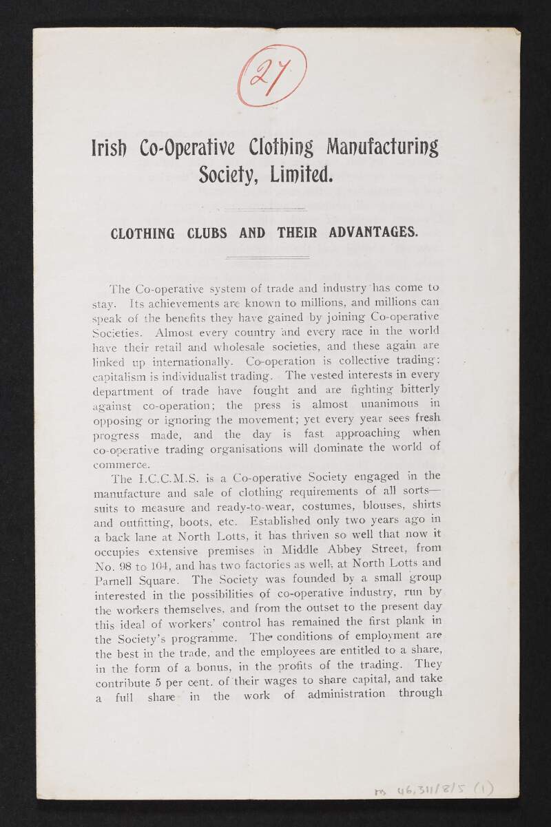 Irish Co-Operative Clothing Manufacturing Society, Limited. Clothing clubs and their advantages.