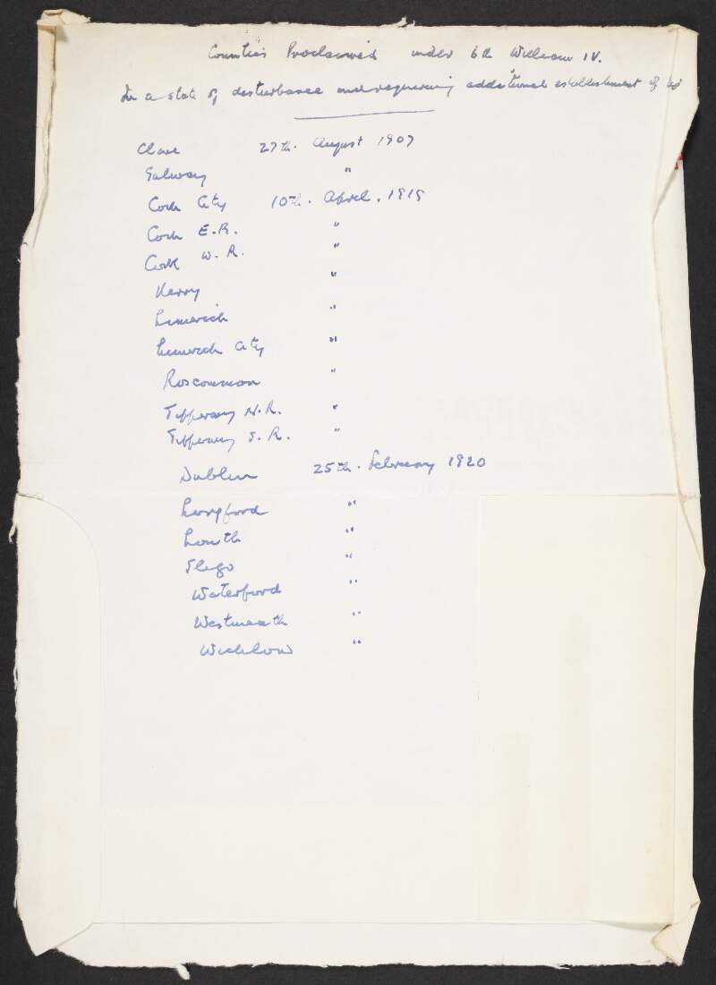 List of counties proclaimed in a state of disturbance under 6th William IV, between 27 August 1907 and 25 February 1920,