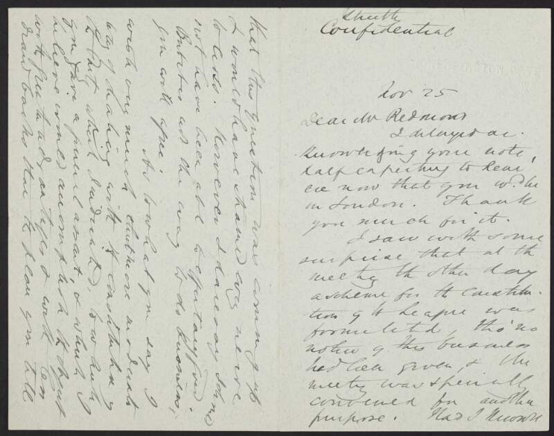 Letter from Edward Blake, Kensington Gate, London, to John Redmond, on his thoughts about the constitution of the Irish Parliamentary Party,