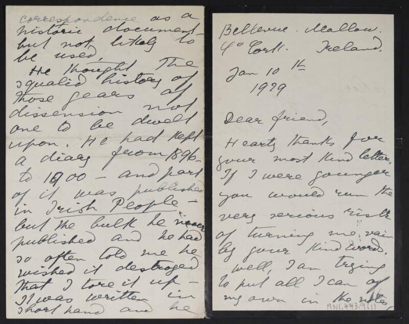 Letter from Sophie O'Brien, Bellevue, Mallow, Co. Cork, to Michael MacDonagh, regarding letters and diaries written by William O'Brien,