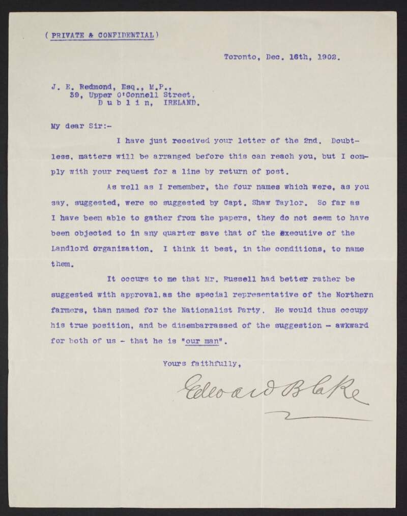 Letter from Edward Blake, Humewood, Toronto, Canada, to John Redmond, recommending "The Swedish Treatment" and Baron Von Duben for [William Archer] Redmond, and reporting on the commencement of his and Dillon's "little campaign", aimed to inspire action from the people of Toronto for the Irish Cause,