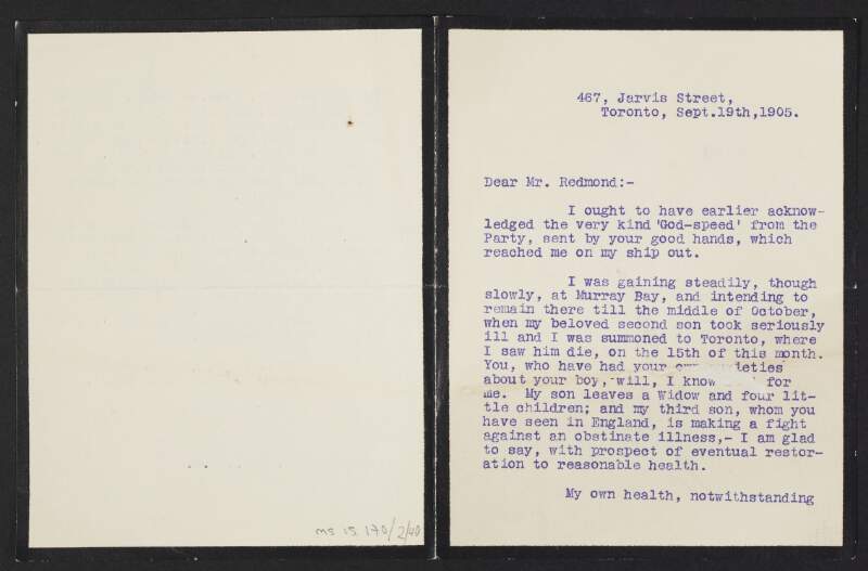 Letter from Edward Blake, Jarvis Street, Toronto, Canada, to John Redmond, on being called to Toronto to witness the death of his son on the 15th of September, and his future in parliament,