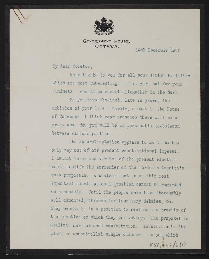 Letter from Albert Grey, 4th Earl of Grey, Government House, Ottawa, Canada, to Moreton Frewen regarding his seat in the House of Commons, and discussing enclosed article from the 'Montreal Witness',