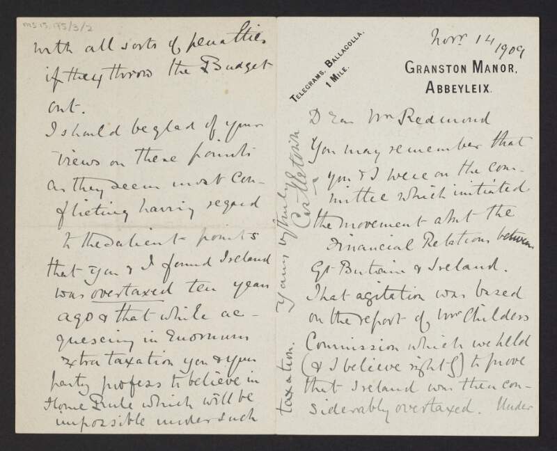 Letter from Baron Castletown, Granston Manor, Abbeyleix, Co. Laois, to John Redmond, regarding taxation in Ireland and Home Rule,