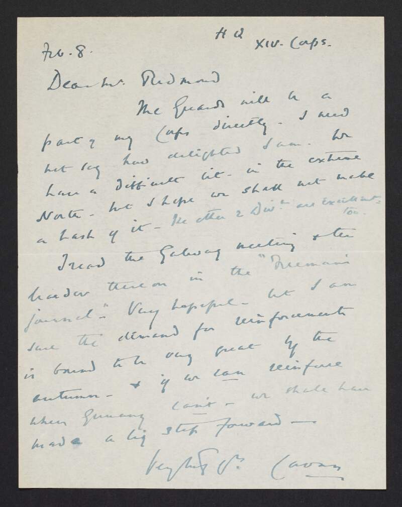 Letter from Frederick Rudolph Lambart to John Redmond, regarding future recruitment for the British Army in Autumn 1916,