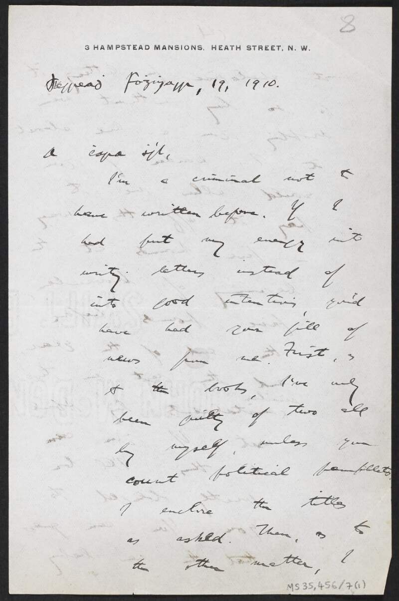Letter from Riobárd Ua Fhloinn, 3 Hampstead Mansions, Heath Street, London, to Francis Joseph Bigger regarding repayments of a debt and writing books,