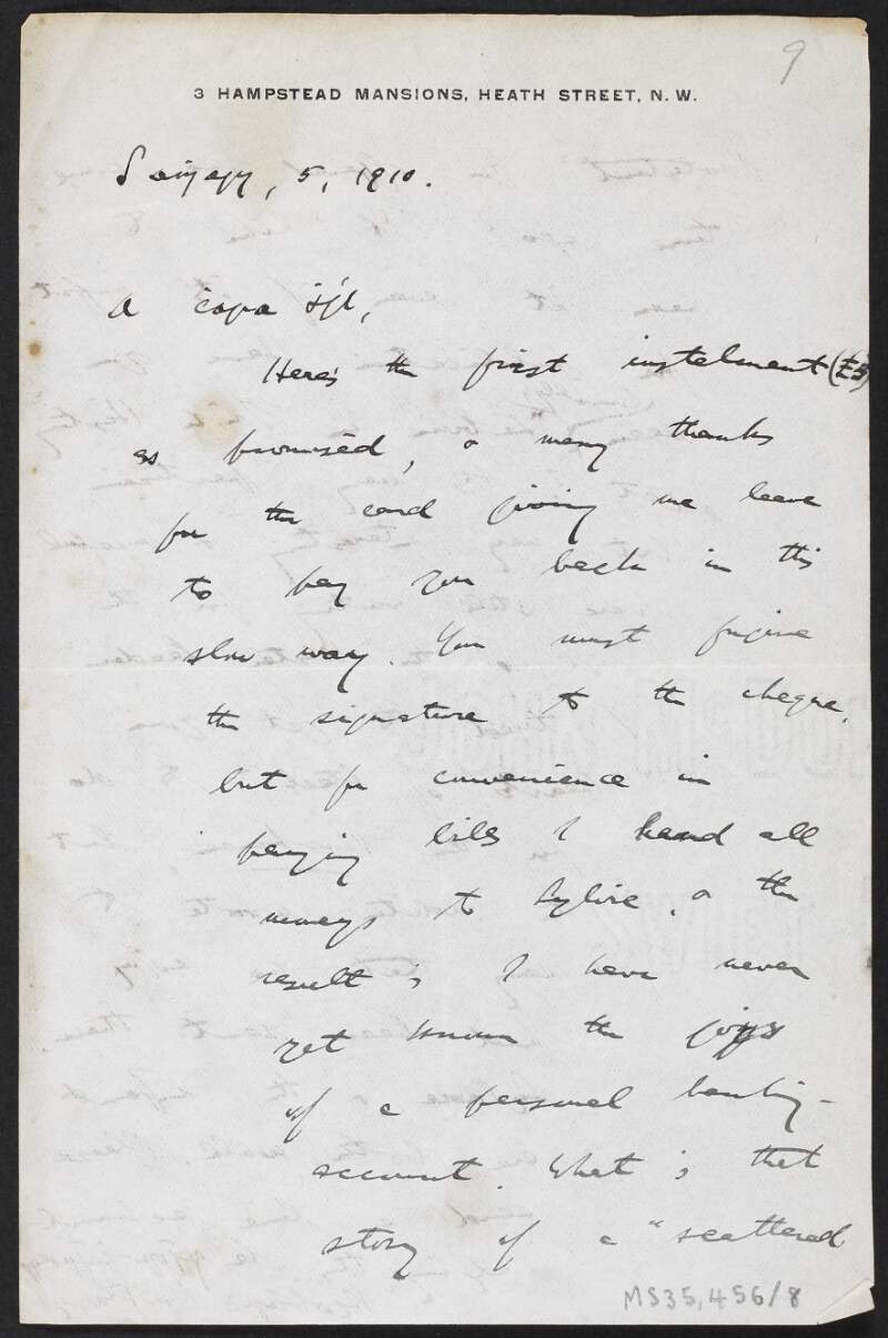 Letter from Riobárd Ua Fhloinn, 3 Hampstead Mansions, Heath Street, London, to Francis Joseph Bigger regarding a nonextant instalment of £5 and discussing politics,