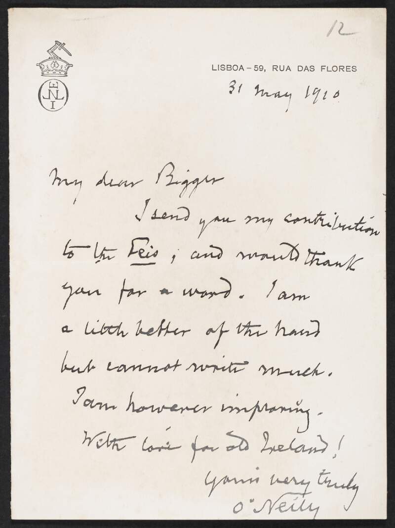 Letter from Jorges Torlades O'Neill, 59 Rua Das Flores, Lisbon, to Francis Joseph Bigger regarding a contribution he made to the Sinn Fein Ard Fheis,