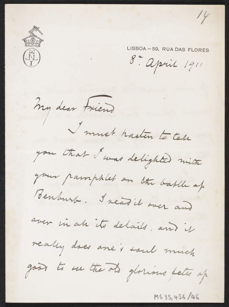 Letter from Jorges Torlades O'Neill, 59 Rua Das Flores, Lisbon, to Francis Joseph Bigger regarding a pamphlet he read that Bigger wrote on the Battle of Benburb,
