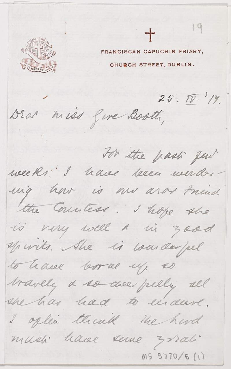 Letter from Father Albert, Franciscan Capuchin Friary, Church Street, Dublin, to Eva Gore-Booth asking after Constance de Markievicz, regarding the anniversary of the Easter Rising and the amnesty of Irish prisoners,