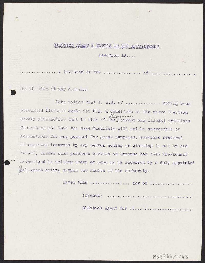'Election Agent's Notice of his Appointment' form concerning the Corrupt and Illegal Practices Prevention Act 1883,