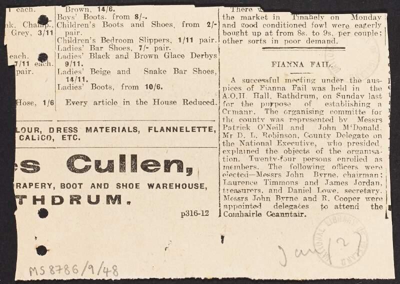 Newspaper cutting from unidentified newspaper with article concerning a meeting of Fianna Fáil at Rathrum, Co. Wicklow, for the purpose of starting a cumann,